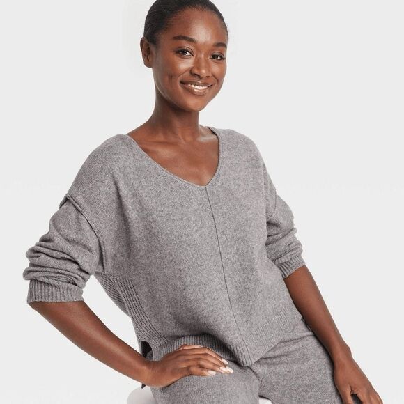 Auden Cozy soft Knit sweater Women’s gray S Small cotton blend vneck - Picture 2 of 2